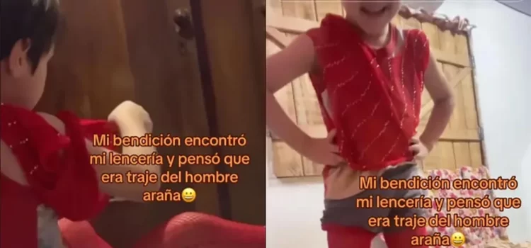 Niño se disfraza de Spiderman con la lencería de su madre