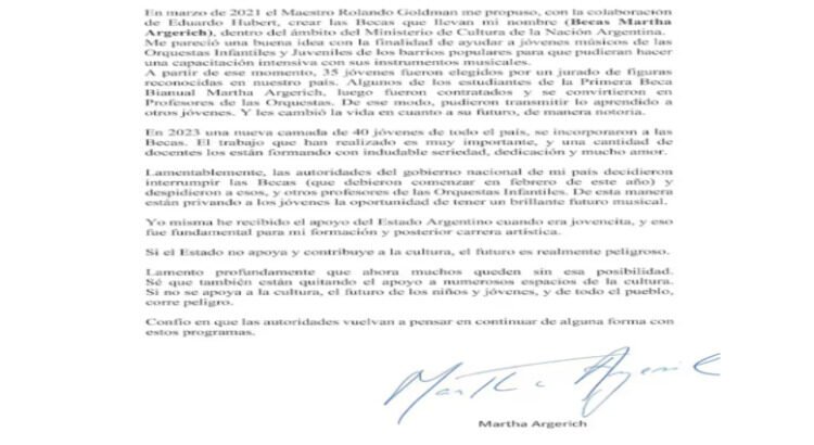Secretaría de Cultura responde a carta de Martha Argerich: “Habrá reintegro de becas, pero no reincorporaciones”