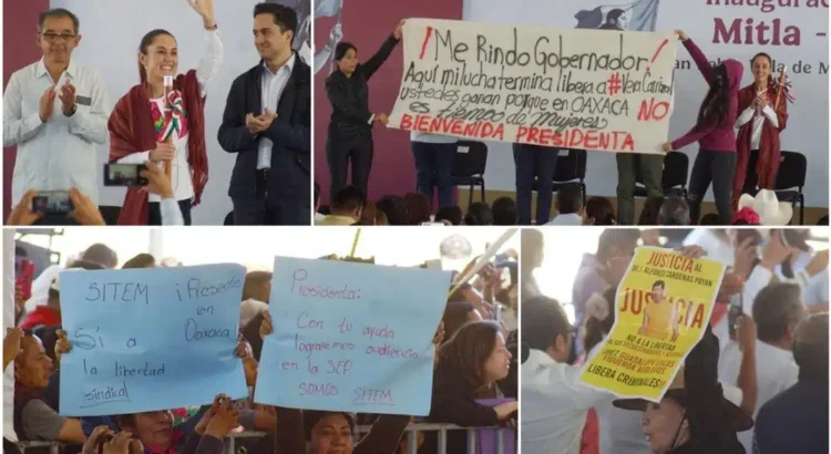 Entre protestas contra el gobierno de Jara, reciben en Oaxaca a la presidenta Claudia Sheinbaum